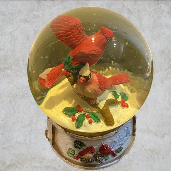 CHRISTMAS SNOW GLOBE -- Musical, Red Cardinals, Holly, Plays "We Wish You Merry" - Picture 5 of 7